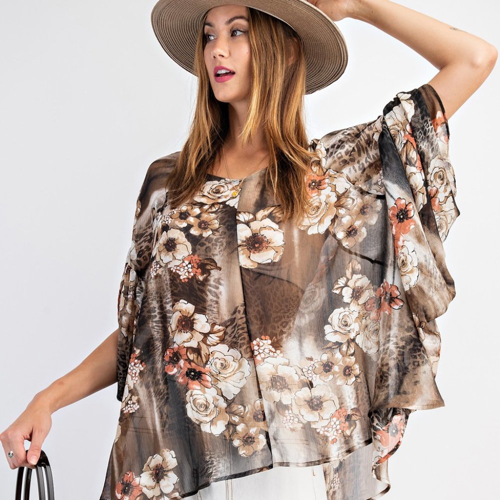 EASEL Loose Fit High Low Floral Chiffon Over Top